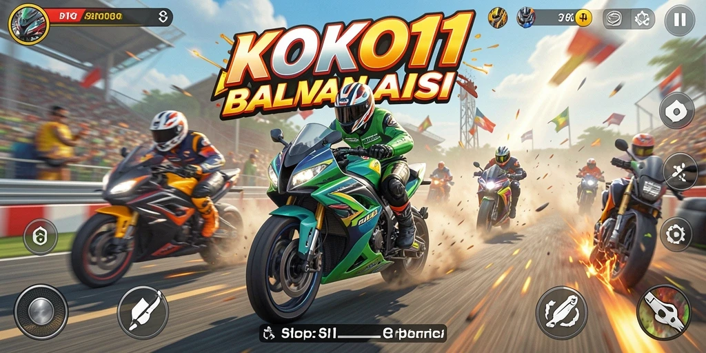 Screenshot utama KOKO11 menampilkan balapan motor yang intens dan menegangkan.