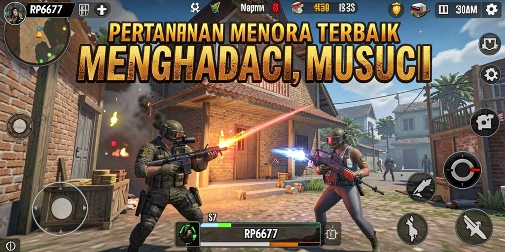 Screenshot gameplay RP6677 menunjukkan pertempuran menara melawan gelombang musuh.